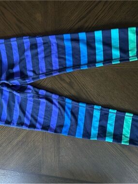 Athleta Navy Leggings with Blue & Teal Stripes